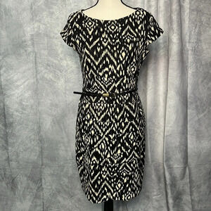 Dressbarn Tan and Black Belted Boatneck Shift Dress - size 8